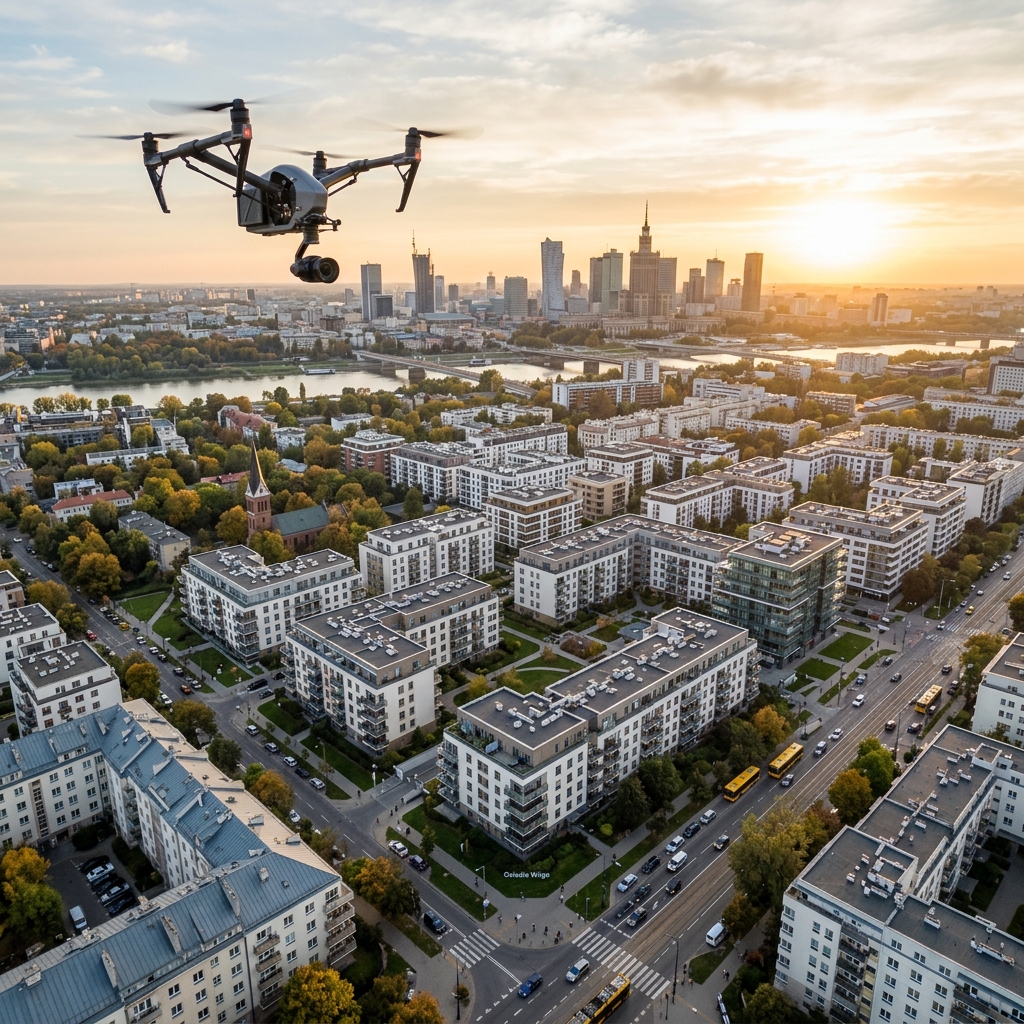 Profesjonalny dron lecący nad nowoczesnym budynkiem o zachodzie słońca