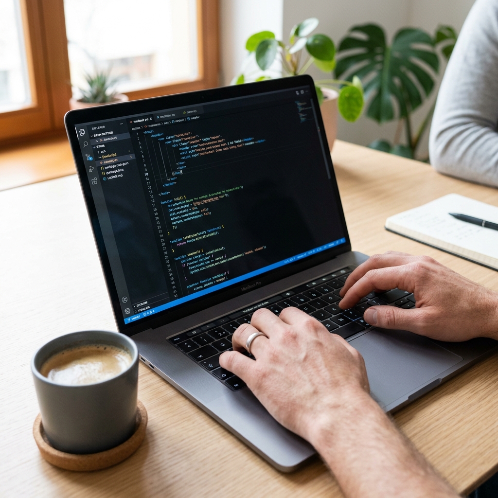 Zbliżenie na dłonie programisty piszącego kod strony WordPress na laptopie